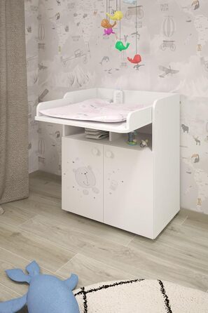 Комод для дитячої кімнати Shefa Wickelkommode 700 Teddy, білий - сучасний комод для немовлят, 47 x 70 x 86 см, білий, ведмедик
