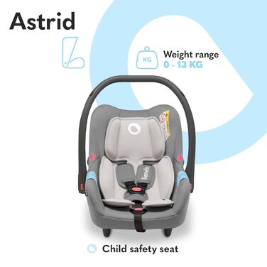 Дитяче автокрісло LIONELO Astrid дитяче автокрісло, дитяче автокрісло від народження до 13 кг, поперековий вкладиш, вкладиш редуктора Dri-Seat, 3-точковий ремінь безпеки, сонцезахисний навіс світло-сірий