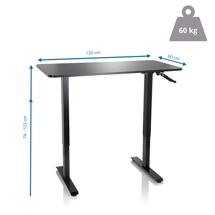 Робочий стіл STAND CR 120 x 60 з ручним регулюванням висоти, чорний колір, hjh OFFICE