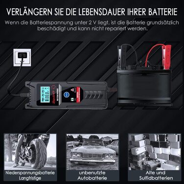 Зарядний пристрій для акумулятора LEICESTERCN 12V/24V - автоматичний, 5/10/25A, LCD, для авто, мото, 6V/12V