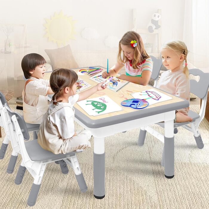 Дитячий стіл зі стільцями (2 шт) 80x60 см, регульована висота, сірий. Ідеально для дитячого садка, ігор, малювання та навчання. Легко миється. Підходить для дітей від 2 років.