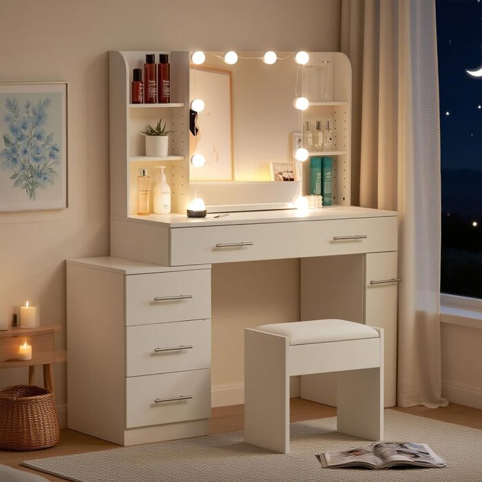 Дзеркальний туалетний столик Thanaddo з підсвічуванням та пуфом, 100×40×136 см. 6 шухляд, відкриті полиці, сучасний дизайн для спальні (білий)