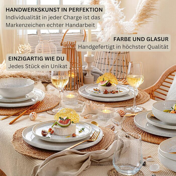 Набір посуду SÄNGER Korfu 24 шт. для 8 осіб: тарілки, супи, десертні, з каменю, ручної роботи, кремового кольору з пісочною текстурою