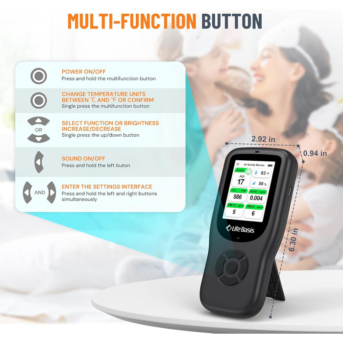 Детектор якості повітря LifeBasis 10 в 1: формальдегід, AQI, PM2.5/PM10, HCHO, TVOC, CO2, температура, вологість. USB зарядка для дому та офісу