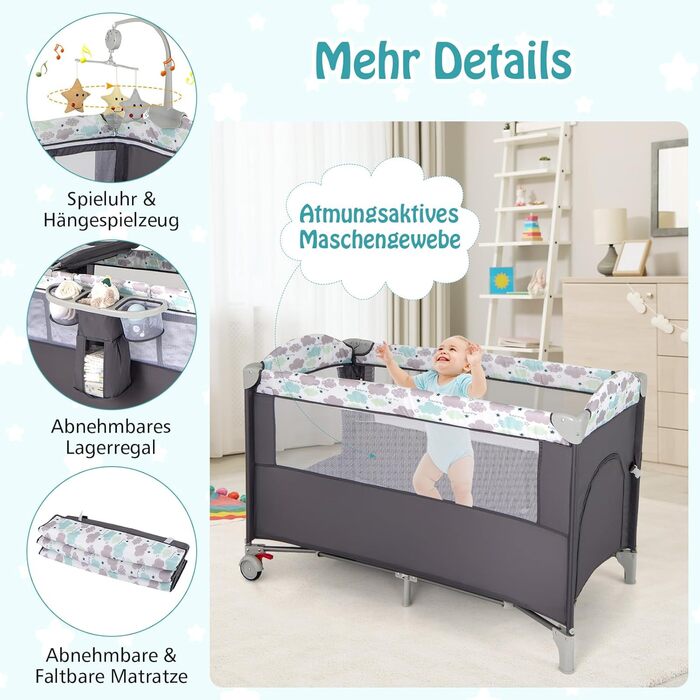 Дитяче ліжко-манежа Dreamade 120 x 60 см з колесами, 4 в 1: ліжко, манежа, пеленальний столик, туристичне ліжко для новонароджених (Сірий)