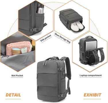 Рюкзак KONO для ручної поклажі 42x30x20, 25L, з відділом для ноутбука, сірий, для подорожей та спорту