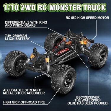 Радіокерований позашляховий електро-трак 1/10, 18 дюймів, 45+ км/год, 2 акумулятори 2600 mAh, для дорослих та дітей