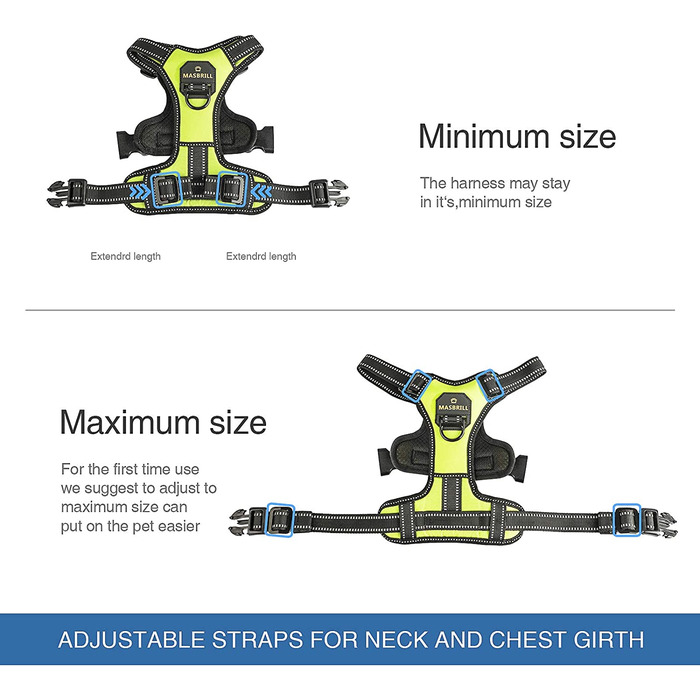 Упряж для собак MASBRILL регульована упряж із захистом від натягу Світловідбиваюча упряж для великих середніх і маленьких собак з м'якою підкладкою дихаюча упряж для собак (XL) (S (шия33-48 см / груди 50-68 см), зелений)