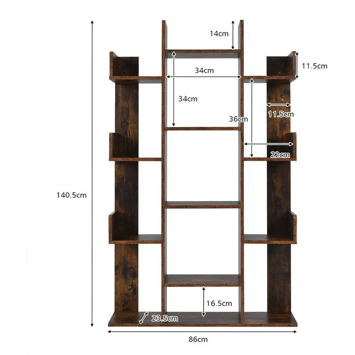 Книжкова шафа COSTWAY у формі дерева, полиця для документів з 13 полицями, кутова полиця стояча, окремо стояча офісна полиця, настінна полиця Декоративна полиця для презентацій та книг, перегородка для вітальні та офісу, вінтажний коричневий