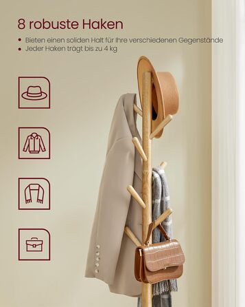 Стійка для одягу VASAGLE з 8 гачками та полицею, 170,5 см, для прихожих, спалень (Нейтрально-бежевий)