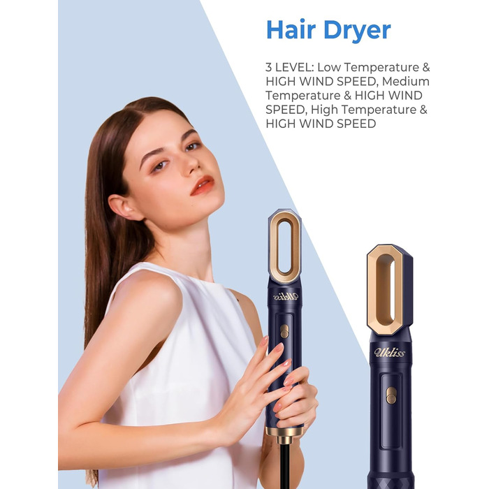 Щітка для укладання Airstyleer, UKLISS Hairstylist Кругла щітка Фен Щітка з гарячим повітрям 6 в 1 з автоматичною плойкою, щітка для випрямлення, додає об'єм, розгладжує, завиває та сушить волосся феном синього кольору