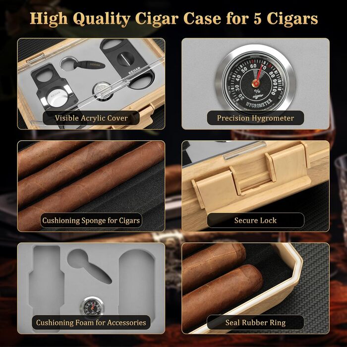 Вишуканий футляр для сигар KEJIAR з контролем вологості та набором інструментів для різання сигар