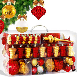 Різдвяні кулі набір з 101 предмета з мереживом ялинкові кулі Пластикові не б'ються з пластиковими ялинкові кулі коробка різдвяні прикраси і ялинкові прикраси (червоний / золотий)