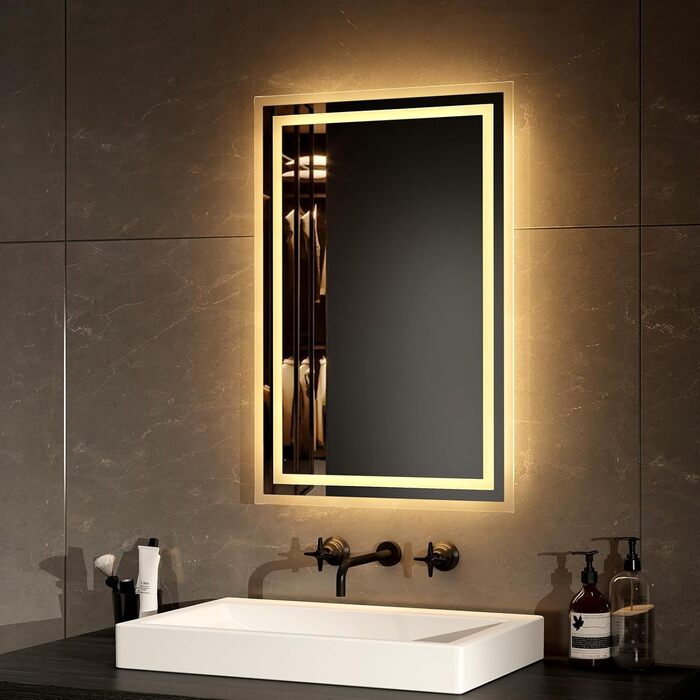 Дзеркало для ванної кімнати EMKE з підсвічуванням 40x60 см LED, антизапарник, холодний/теплий білий, з кнопкою, алюмінієва рама, IP44, енергозберігаюче