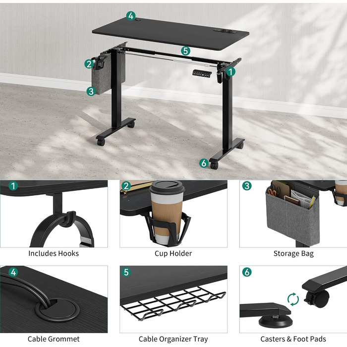 Електричний стіл з регулюванням висоти, 2 USB-порти, розетки, зрощувальна дошка, ручне управління з пам'яттю, сидячий/стоячий стіл, коліщатка, чорний