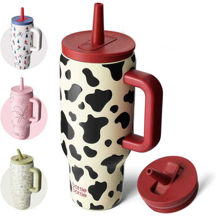 Термокружка-пляшка 900 мл з нержавіючої сталі з ручкою та трубочкою – без BPA, подвійні стінки, не протікає – для подорожей, офісу, університету, спорту та як подарунок (з принтом 