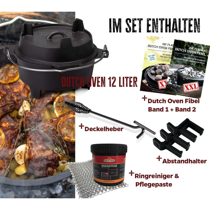 Набір голландської печі Grillfürst Dutch Oven BBQ DO 9 (9 л) з кришкою 35 см, підставкою, очищувачем та пастою для догляду + 2 шт. голландська піч Grillfürst DO 12 XXL