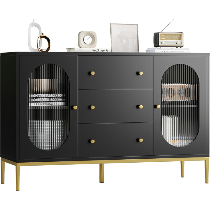 Буфет-комод FirFurd 120 см білий/чорний з робочою поверхнею та 3 ящиками | Кухонний буфет для кухні, вітальні, їдальні