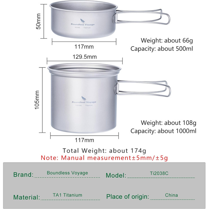 Набір посуду iBasingo з титану (2 шт.): каструля 1000мл, сковорода 500мл для кемпінгу та відпочинку на природі
