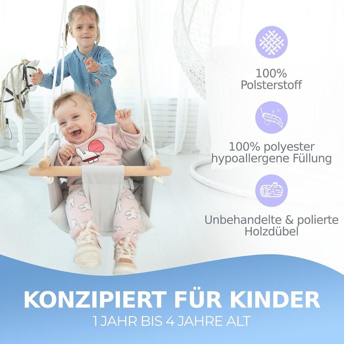 Дитяча гойдалка Cateam з дерева для дому та саду. Безпечна гойдалка для малюків від 12 місяців. Різні кольори, сірий.