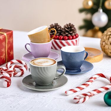 Набір кавових чашок Yundu 250мл (4 шт.) з підставками, кераміка, для капучино, еспресо, лате, матча, мокко