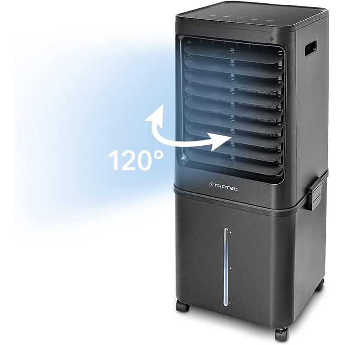 Мобільний повітроохолоджувач TROTEC Aircooler PAE 80, повітроохолоджувач 4-в-1, зволожувач повітря, очищувач і вентилятор, бак, продуктивність випаровування 2,8 л/год, 4 швидкості вентилятора, таймер, нічний режим (40 л, чорний)