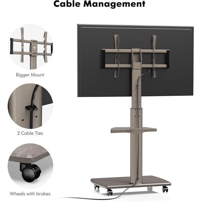 Підлогова підставка для телевізора FITUEYES Rollbar з дерев'яною полицею, регульована по висоті, поворотна, на 32-70 дюймів, хакі
