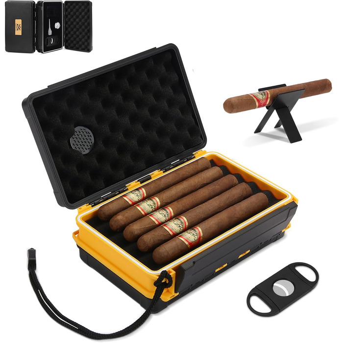 Подорожній вологозберігач для сигар на 5 сигар (50RG), Комплект з різаком, підставкою, гігрометром та зволожувачем, Подарунковий набір для поціновувачів сигар (Жовтий)