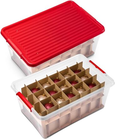 Коробка для прикрас Kreher X-Mas 40 літрів: ялинкові кулі, новорічний декор, з роздільниками (30 кульок). Прозора з червоним кришкою.