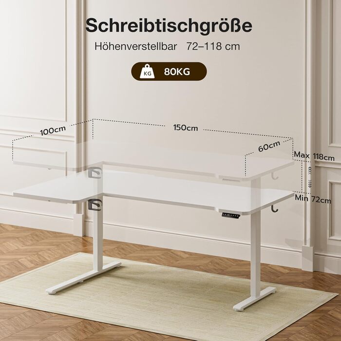 Кутовий стіл з регулюванням висоти 150x100 см, електричний, ергономічний, білий. З підстаканниками та гачками.