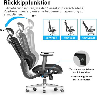 Ергономічне офісне крісло JOYFLY, стілець з регульованим сидінням і підголівником, комп'ютерне крісло Стілець для ПК з 4D підлокітником, дихаюче сітчасте офісне крісло 200 кг для дорослих, обертове крісло (чорний)