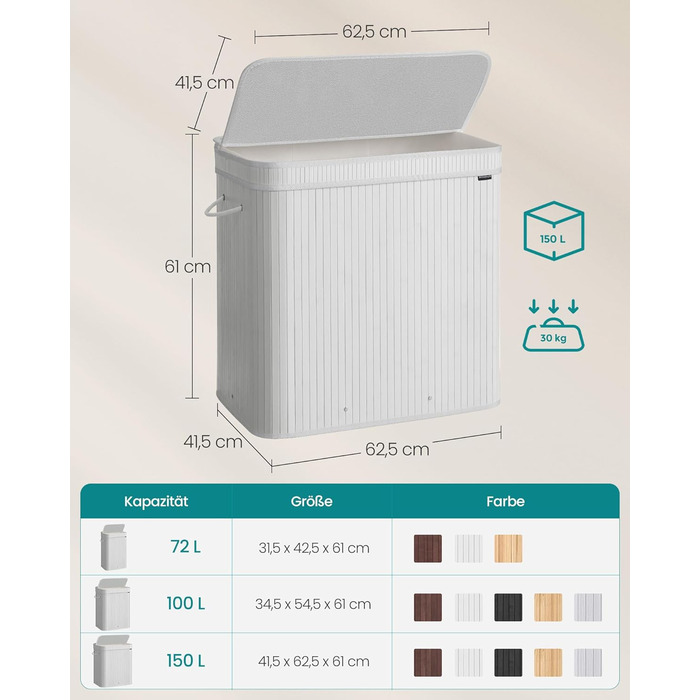 Кошик для білизни SONGMICS бамбук, знімний мішок для білизни, 150 л, хмара біла, LCB062N01