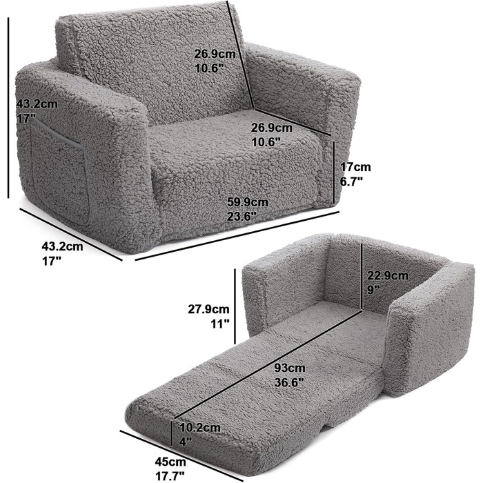 Дитяче диван-ліжко BEJOY 2 в 1, сірий. Зручне крісло-диванчик для дитячої кімнати, подарунок на день народження. Sherpa тканина, висувний диванчик для дітей.