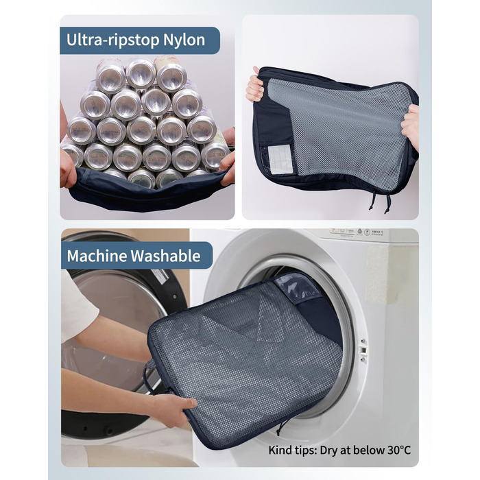 Набір компресійних органайзерів для валізи та рюкзака ECOHUB, 4 шт, з мітками та сіткою, темно-синій