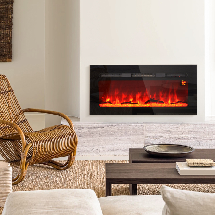 Електричний камін HOMCOM з настінним кріпленням та пультом дистанційного керування, з імітацією дров та кристалів, потужністю 1800 Вт, чорного кольору