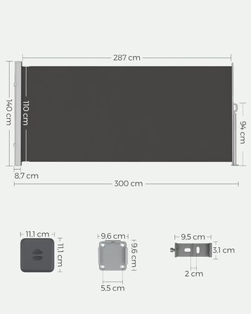 Бічна маркіза SONGMICS з металевим коробом, антрацит, 140x300 см, висувна, вітрозахист і сонцезахист для балкона, тераси, саду, іржостійка