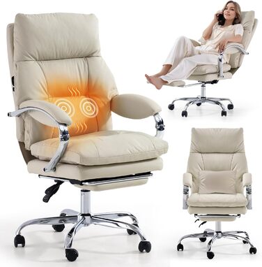 Крісло офісне EMIAH з підніжкою, комфортне крісло для роботи з підлокітниками, ергономічний крісло для начальника з PU шкіри та роликами, ігрове крісло з потовщеною подушкою, без функції масажу (Бежевий)