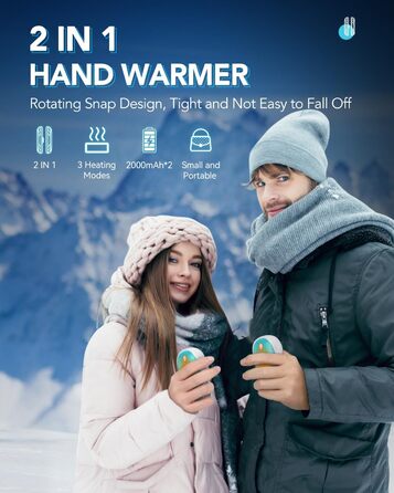 Електричні грілки для рук Cnkeeo, 2 шт. з роздільним магнітним з'єднанням, Powerbank USB, 3 режими нагріву, для спорту, риболовлі, полювання, чорно-білі (блакитно-білі)