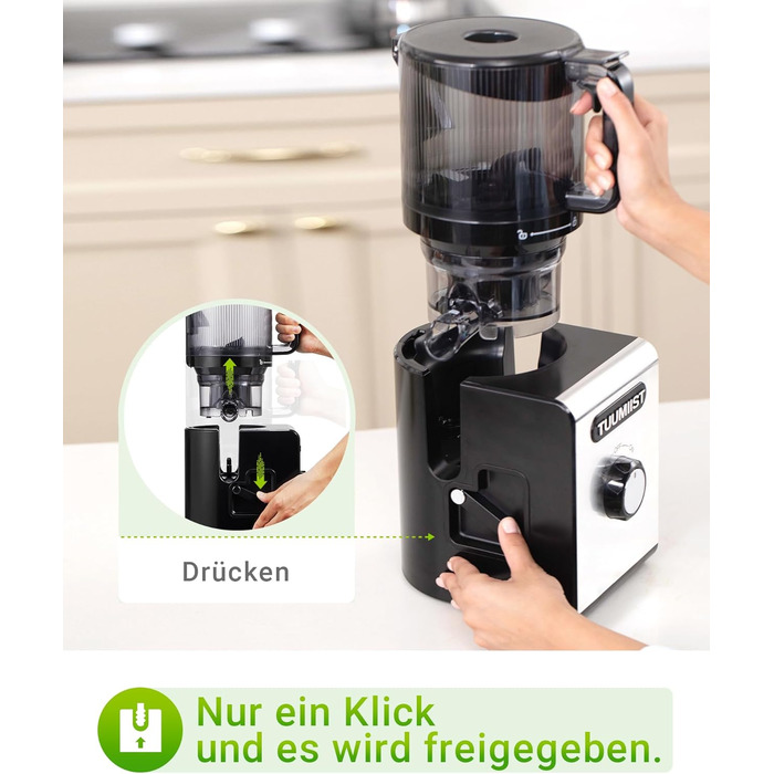 TUUMIIST Шнековий соковитискач XXL, 150 мм, 3 л, для сім'ї, 99% вижимка, BPA-free, REV Anti-Blockier System, чорний