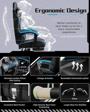 Ігровий крісло Yaheetech з масажем, регульованою спинкою 90-135°, з підніжкою. Білий (Чорний/Сірий)