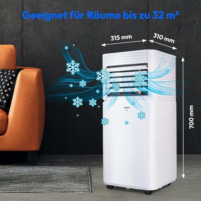 Мобільний кондиціонер MEDION P901 9000 BTU, 32 м, 3в1, додаток/голосове керування, з віконним ущільнювачем