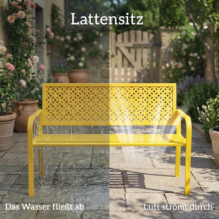 Лавочка для саду на 2 особи, металева, стійка до погодних умов. Міцна конструкція з антикорозійним покриттям та геометричним дизайном, витримує до 240 кг.