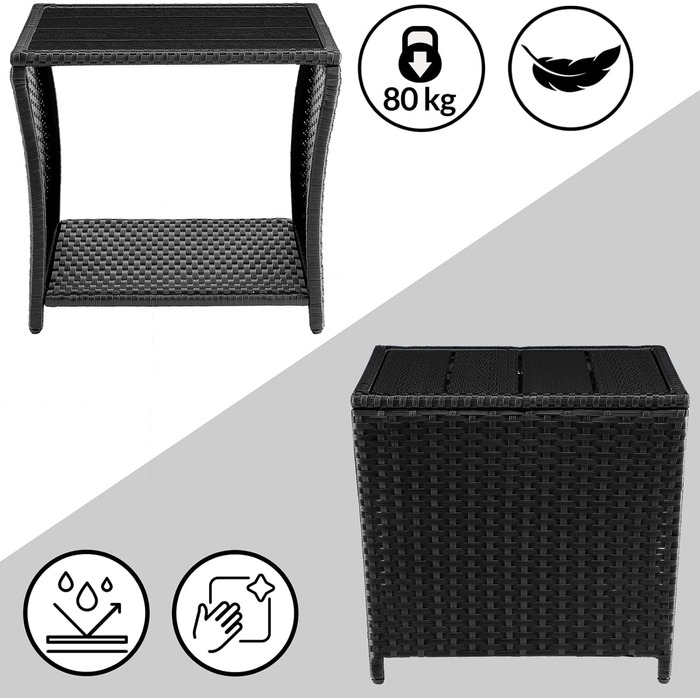 Журнальний столик Casaria Poly Rattan зі стільницею з ДПК, 45x45x40 см, 80 кг, стійкий до погодних умов, чорний