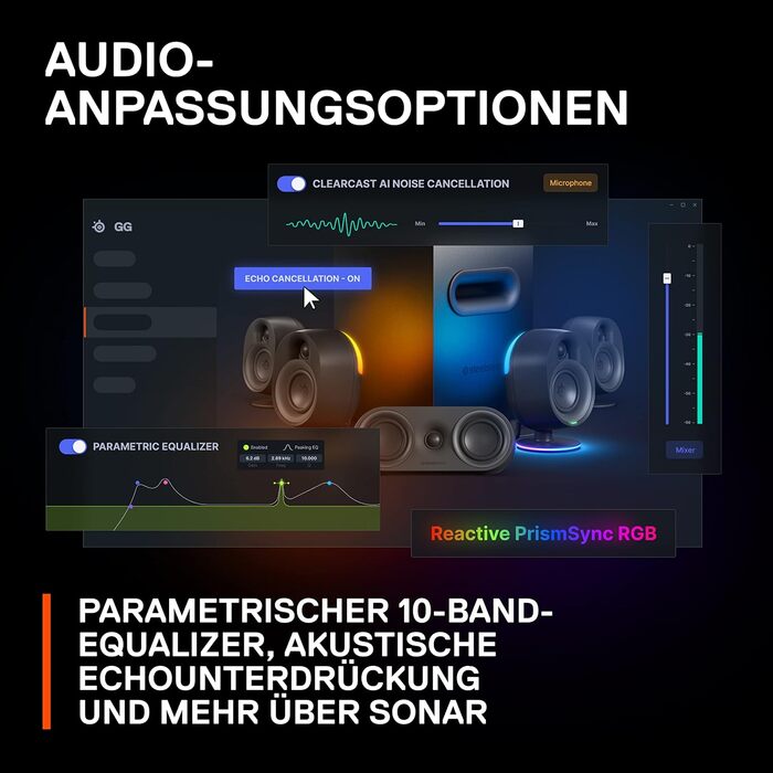 SteelSeries Arena 7 - 2.1-канавна акустика для геймінгу, RGB, USB, Aux, Bluetooth, чорний
