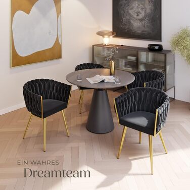 Тектейк® Велюровий стілець, крісло-чілл з ефектом вузлів, обідні стільці, сучасний крісло для вітальні, їдальні, як кухонні стільці, для туалетного столика, комплект стільців (4 шт, Чорний/Золотий)