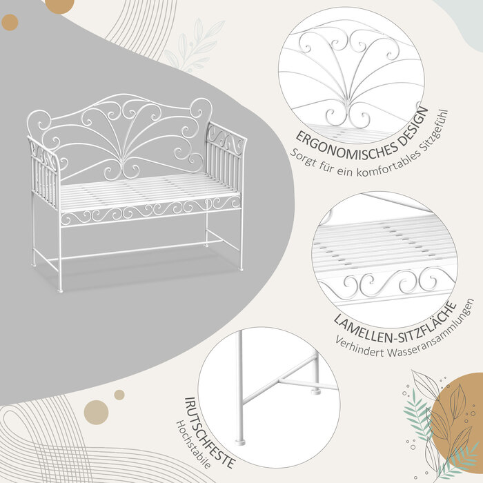 Міцна садова лавка на двох осіб, паркова лавка з нержавіючої сталі, садові меблі 111 x 50 x 98 см, біла