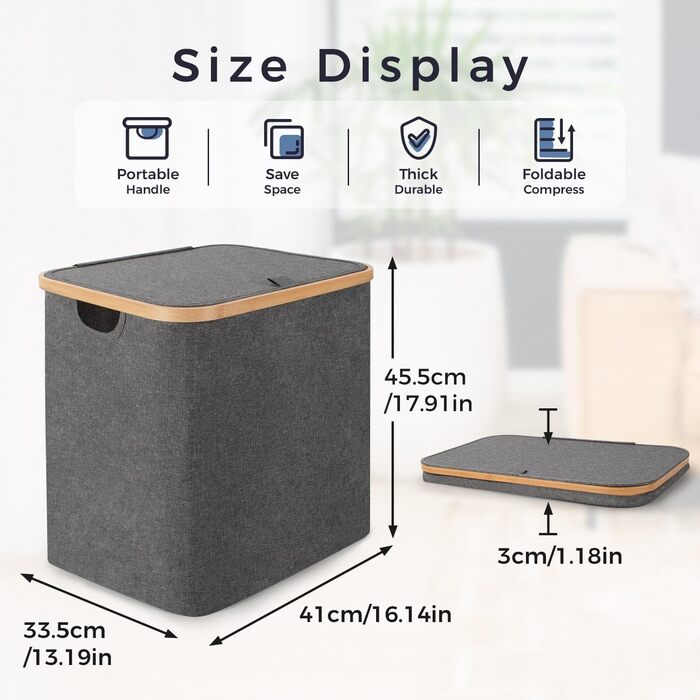 Кошик для білизни Rieeyrslza з кришкою, 158 л, бамбук, 2 знімні мішки для білизни, Oxford, складний, сортувальник, для ковдр та одягу (сірий)