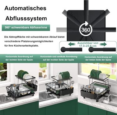 Сушарка для посуду ROTTOGOON розширювана, 2-ярусна, чорна: нержавіюча сталь, з висувним носиком та відділенням для столових приборів