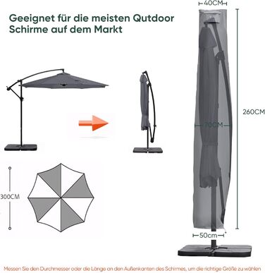 Захисний чохол для парасольки від сонця, сірий, 260x40/70/50 см