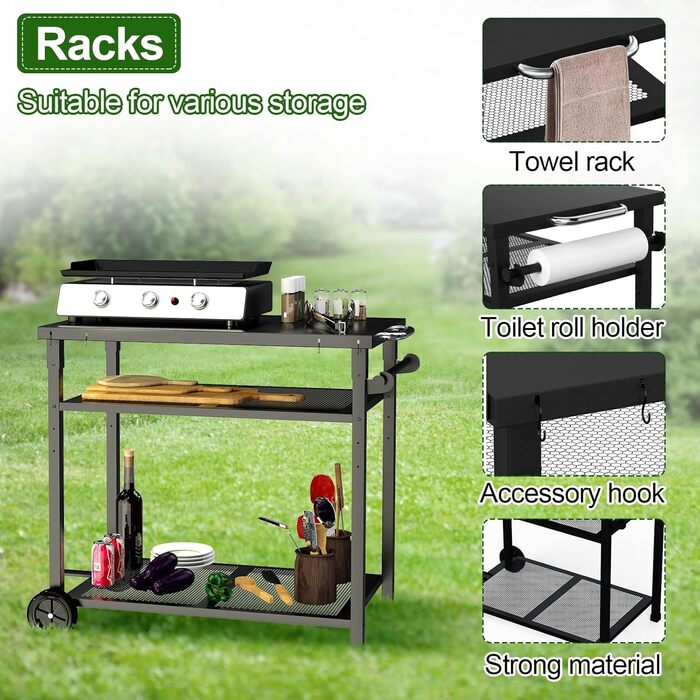 Металевий сервіровочний візок для гриля з 3 ярусами, 85 x 51 см. Підходить для планки, гриля, барбекю. Водонепроникна робоча поверхня.